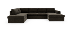 Mørkebrun U‑formet modulsofa med dobbelt chaiselong, frilagt på hvid baggrund.