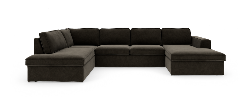 Mørkebrun U‑formet modulsofa med dobbelt chaiselong, frilagt på hvid baggrund._ps
