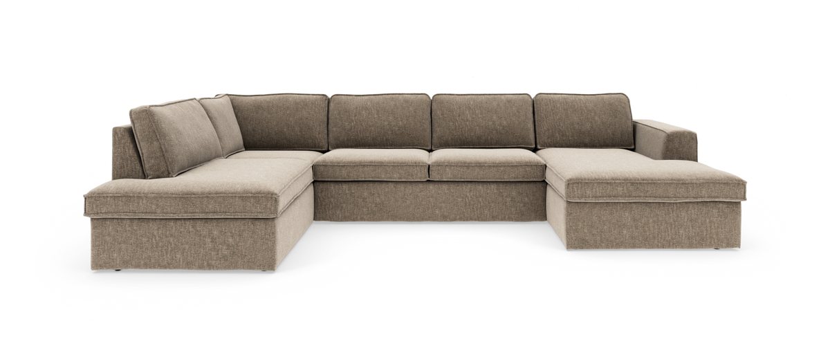 Beige U-formet modulsofa med chaiselonger i begge sider, frontvisning på hvid baggrund.