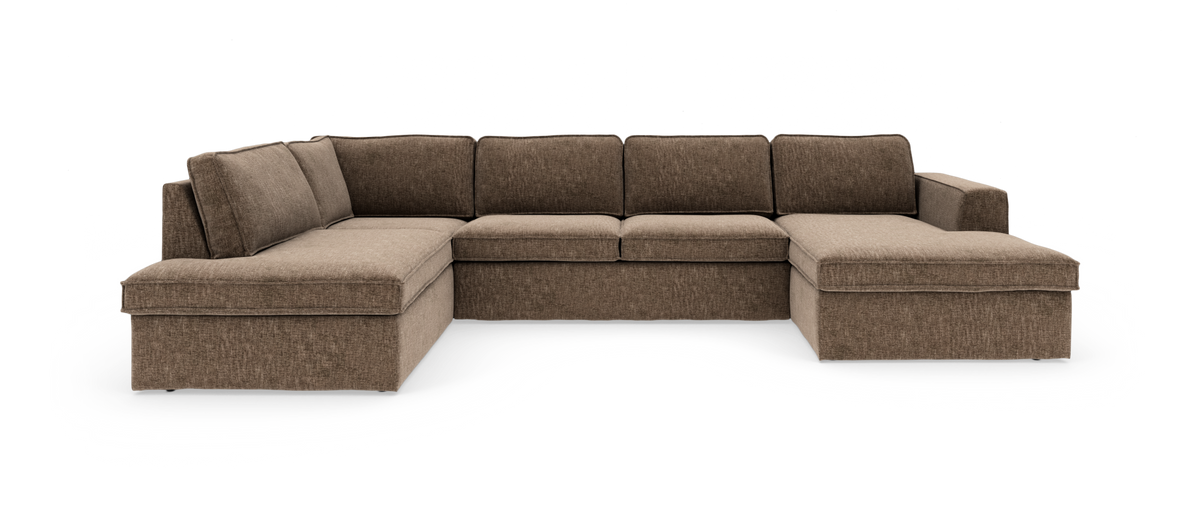 Brun U‑formet modulsofa med chaiselong i begge ender, frilagt på hvid baggrund.
