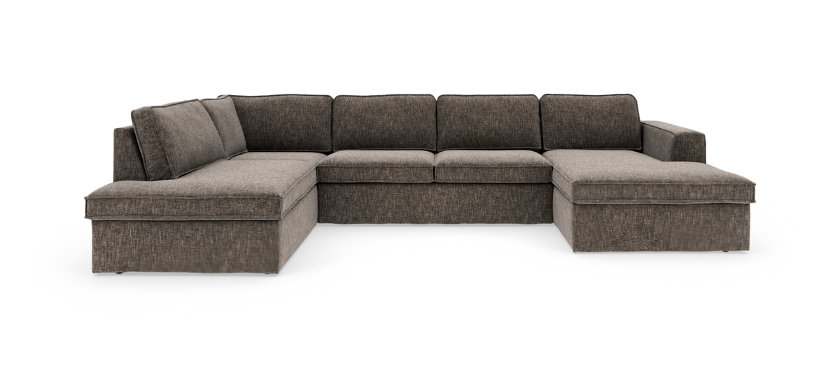 Modulær U-sofa i brungråt stof med chaiselonger i begge ender.