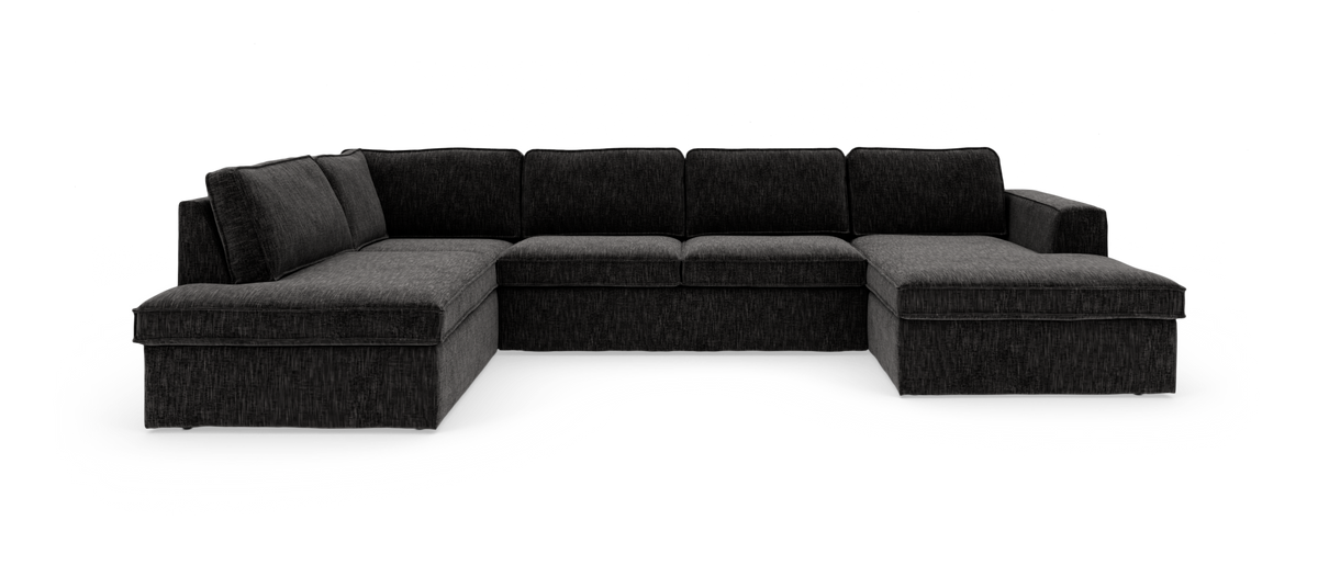 Stor mørkegrå U-sofa/sektionsofa med chaiselong i begge ender, frilagt på hvid baggrund.