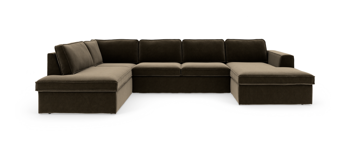Modulær U-formet hjørnesofa i mørkebrun og beige stof med chaiselong i begge ender, frilagt mod hvid baggrund.