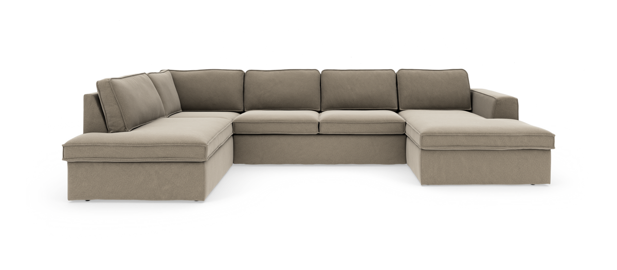 Modulær U-formet hjørnesofa i beige stof, fritlagt produktfoto.