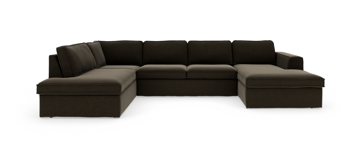 Mørkebrun U‑formet modulsofa med chaiselong i begge sider, frilagt.