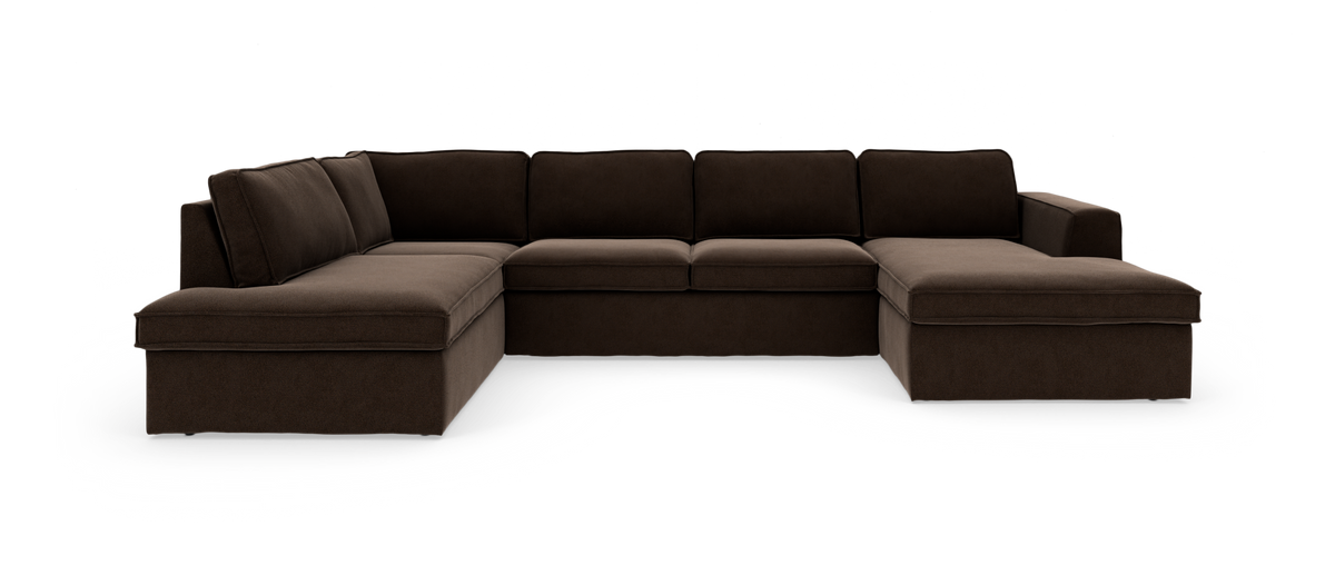 Mørkebrun U-formet modul-/hjørnesofa i stof med chaiselong i begge ender.