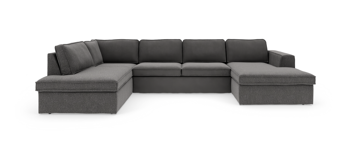 Mørkegrå modul-hjørnesofa med chaiselong i begge ender, centreret mod hvid baggrund.