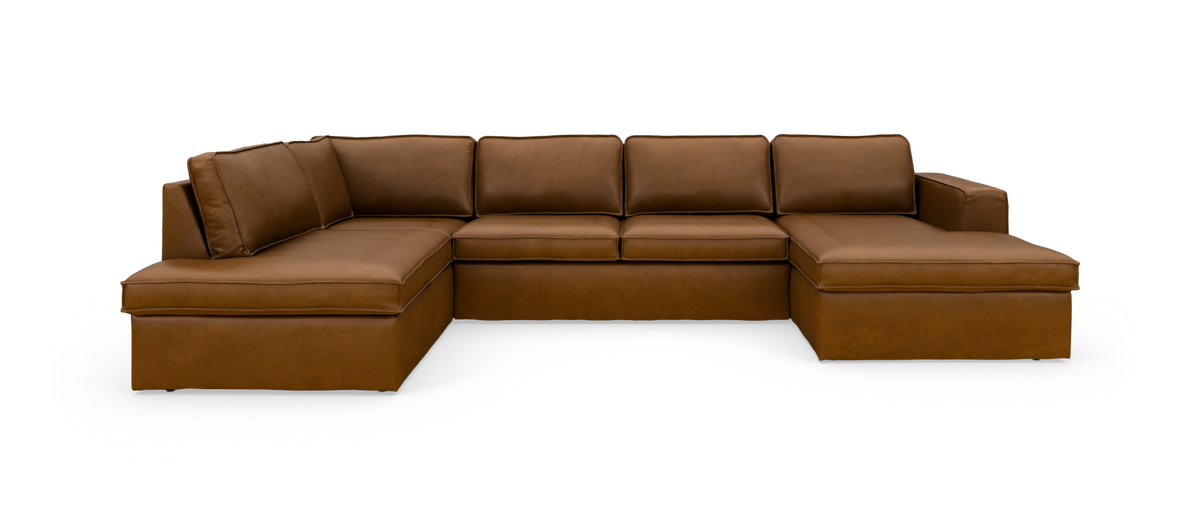 Modulær U-formet brun lædersofa med chaiselonger i begge ender, frilagt produktbillede.