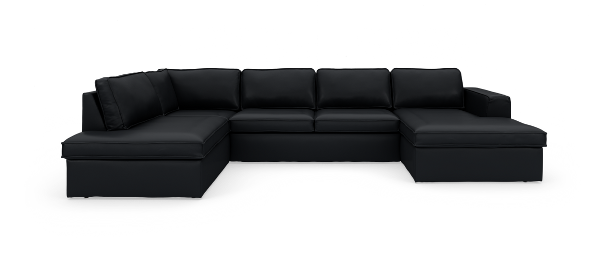 Stor U-formet modul-hjørnesofa i sort læder, frilagt på hvid baggrund.