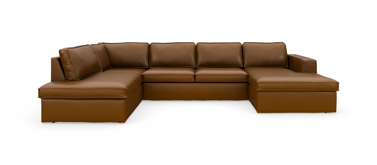 Stor U-formet modulsofa i brunt læder med chaiselonger i begge ender, frilagt på hvid baggrund.