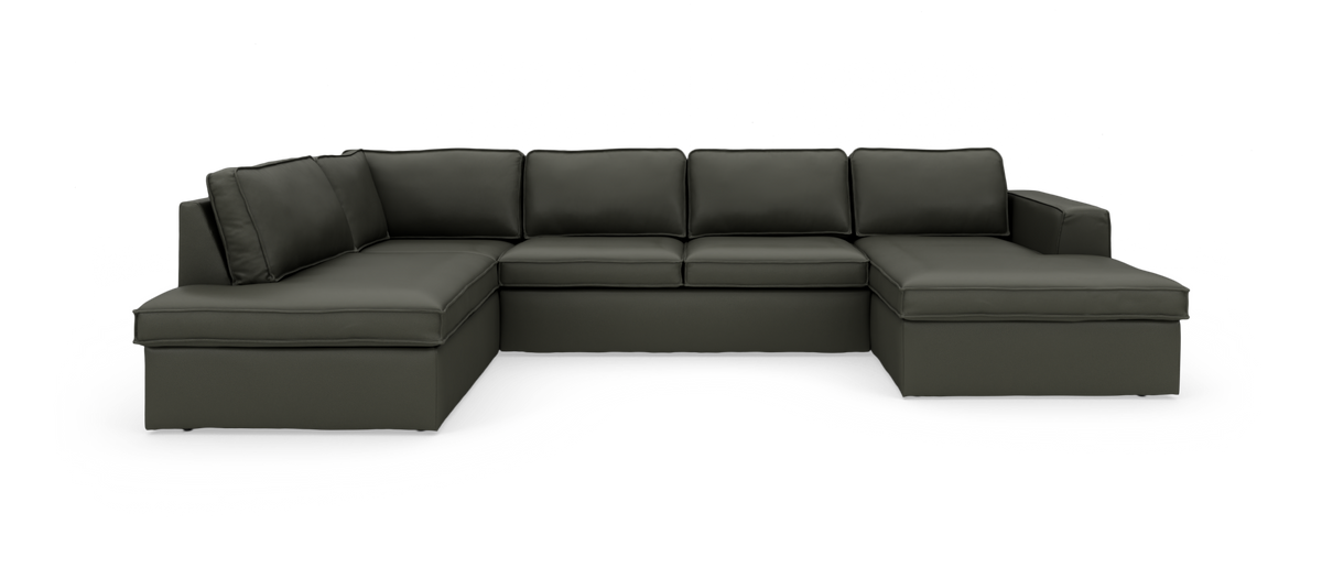 Modulær mørkegrå U-sofa/hjørnesofa med chaiselong i begge sider, frilagt på hvid baggrund.