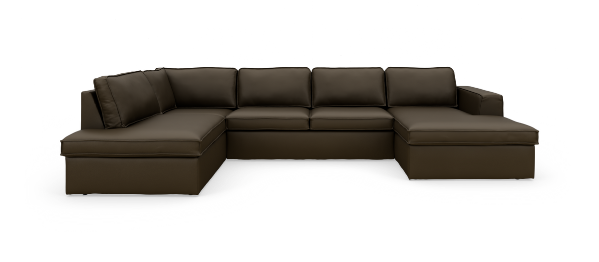 Stor U-formet mørkebrun modulhjørnesofa med chaiselong i begge ender, frilagt på hvid baggrund.