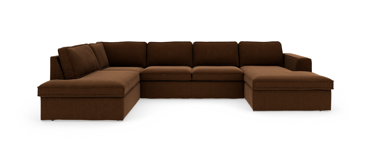Brun U‑formet modulsofa med chaiselong i begge ender, stofbetrukket, fritlagt på hvid baggrund.