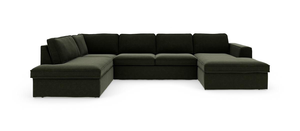 Mørkegrøn U-sofa med chaiselonger i begge ender, frilagt på hvid baggrund.