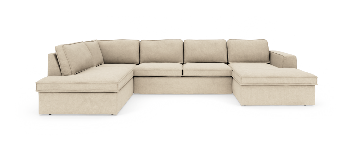 Beige U‑formet modulsofa med chaiselonger i begge ender, fritstående på hvid baggrund.