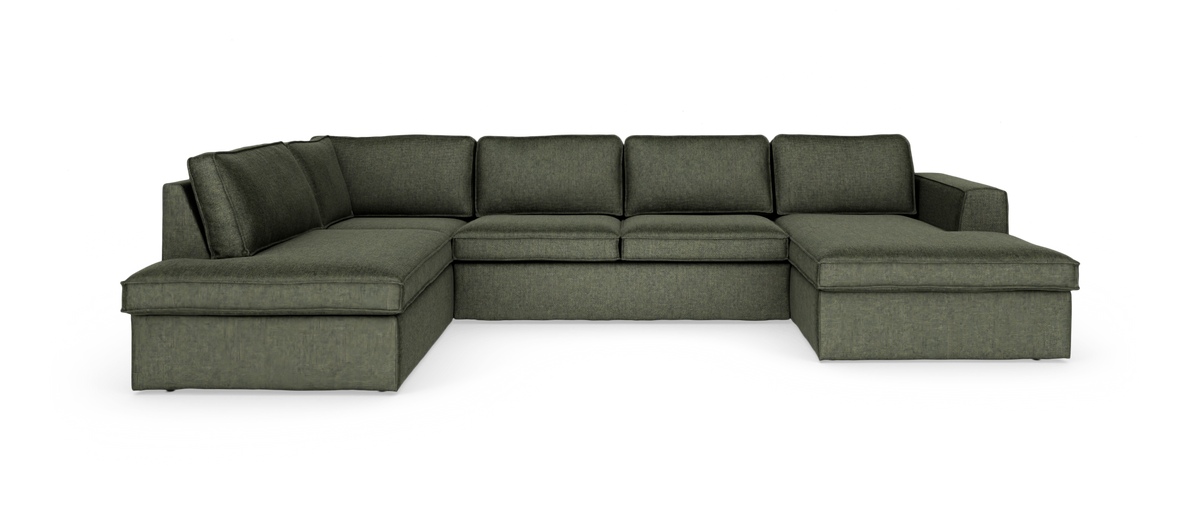 Mørkegrøn U‑formet modulsofa med chaiselong i begge ender, fritlagt på hvid baggrund.