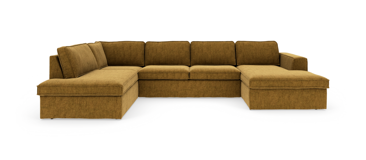U-formet modulsofa i sennepsgul tekstil med chaiselong i begge ender.