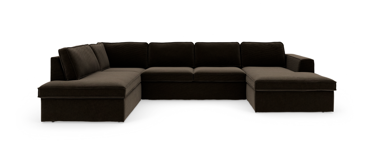 Stor modulær U-sofa i mørkebrunt stof med chaiselonger i begge ender, frilagt på hvid baggrund.