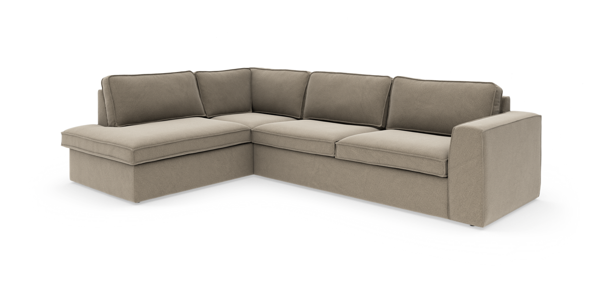 Beige L‑formet modulsofa med brede armlæn, fritlagt produktfoto.