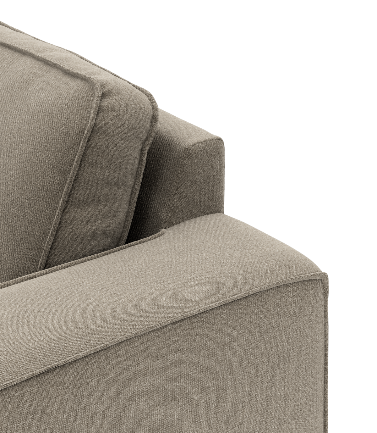 Nærbillede af beige stofsofa med armlæn og ryghynde.