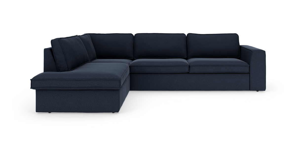 Mørkeblå L‑sofa/hjørnesofa med chaiselong til venstre i moderne, enkel design.