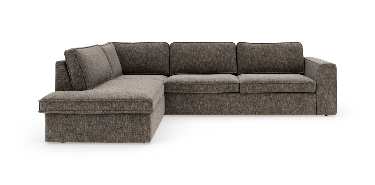 L‑formet hjørnesofa med venstrevendt chaiselong i gråmeleret stof, moderne og rummelig.