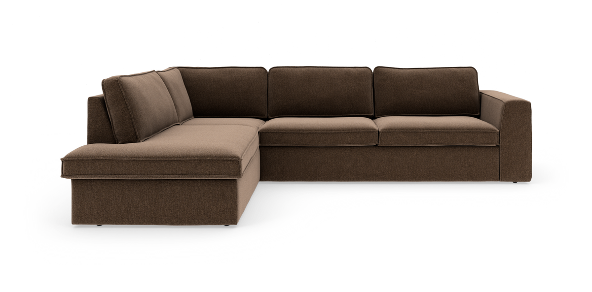 Brun L-formet modulsofa med venstre chaiselong i et enkelt, moderne design på hvid baggrund.