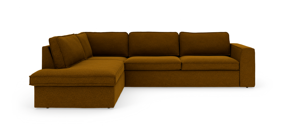 L‑formet modulsofa med venstrevendt chaiselong i brunt/oker stof, moderne stil på hvid baggrund.