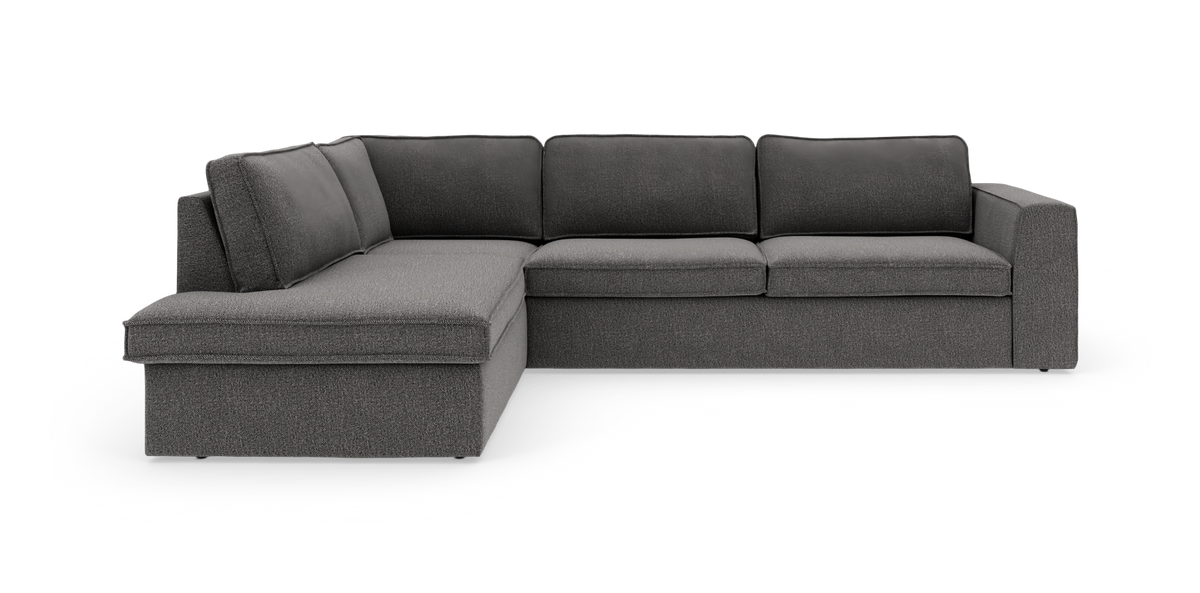 Mørkegrå L‑sofa med chaiselong til venstre, 4‑personers stofsofa i moderne, ren design.