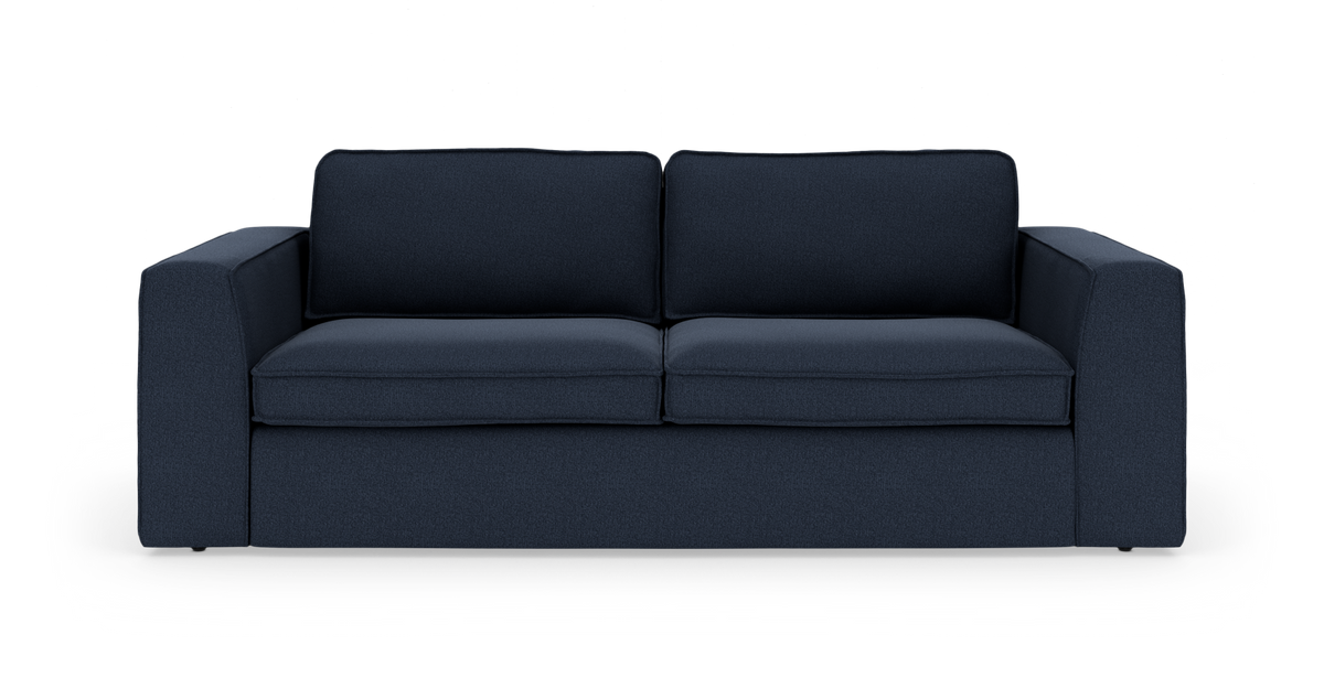 Mørkeblå sofa med lige armlæn, frontvisning, fritlagt på hvid baggrund.