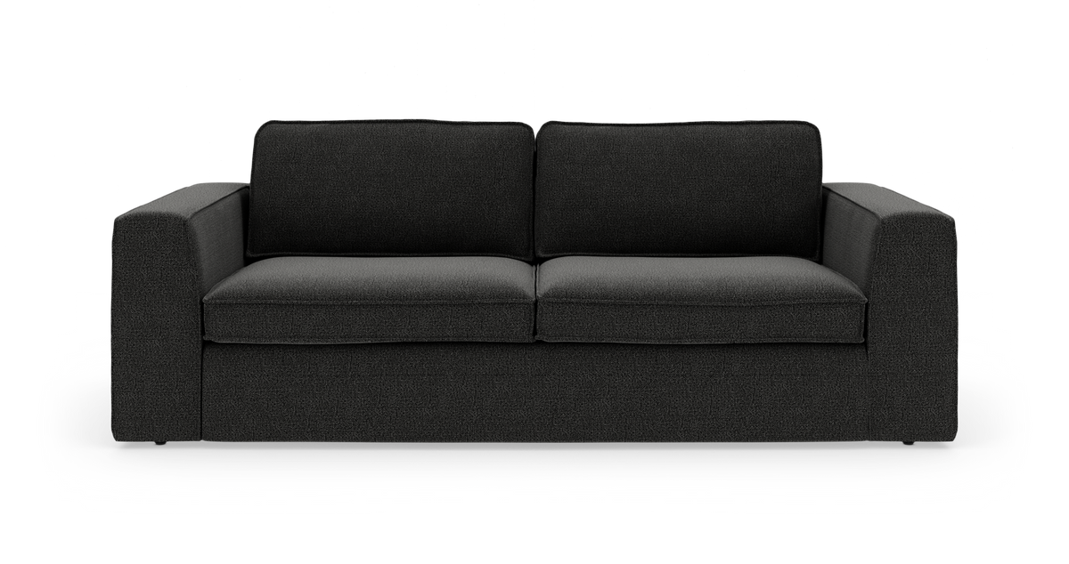 Sort tresædet sofa med lige armlæn, frilagt på hvid baggrund.