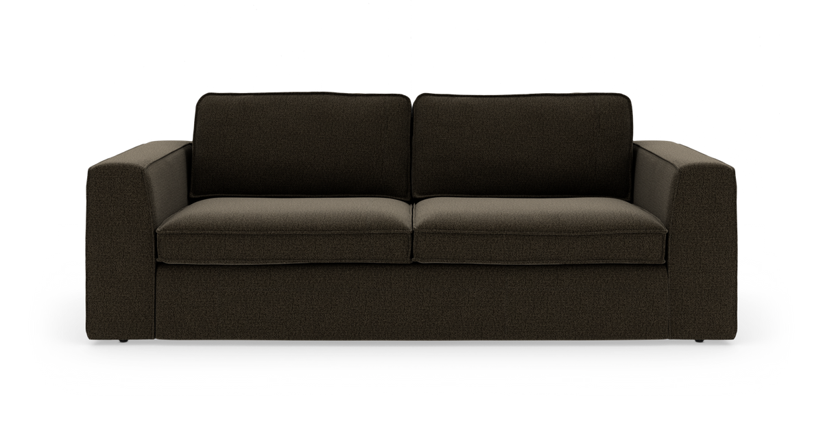 Mørkebrun sofa med to sædehynder og brede armlæn, frontvisning på hvid baggrund.