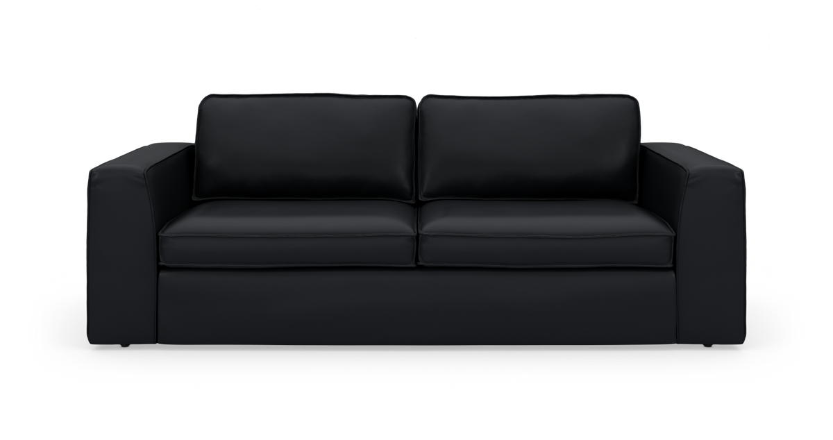 Sort tresæders lædersofa, frontvisning på hvid baggrund.