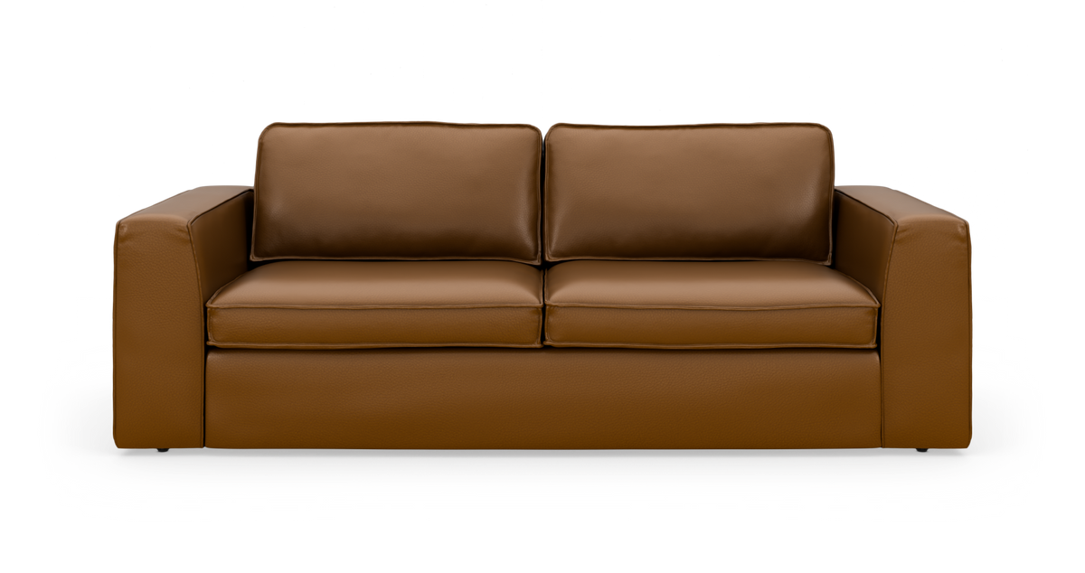 Brun lædersofa med to sæde- og ryghynder, fotograferet lige forfra på hvid baggrund.