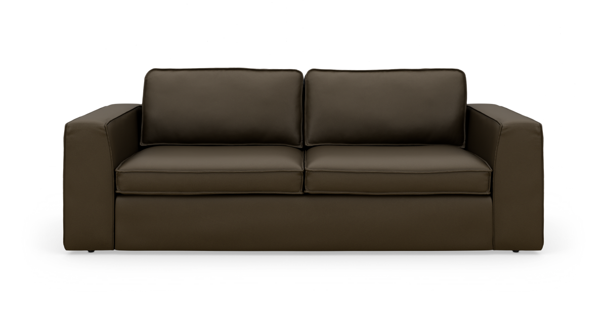 Mørkebrun sofa med brede armlæn og to ryghynder i moderne, enkel design på hvid baggrund.
