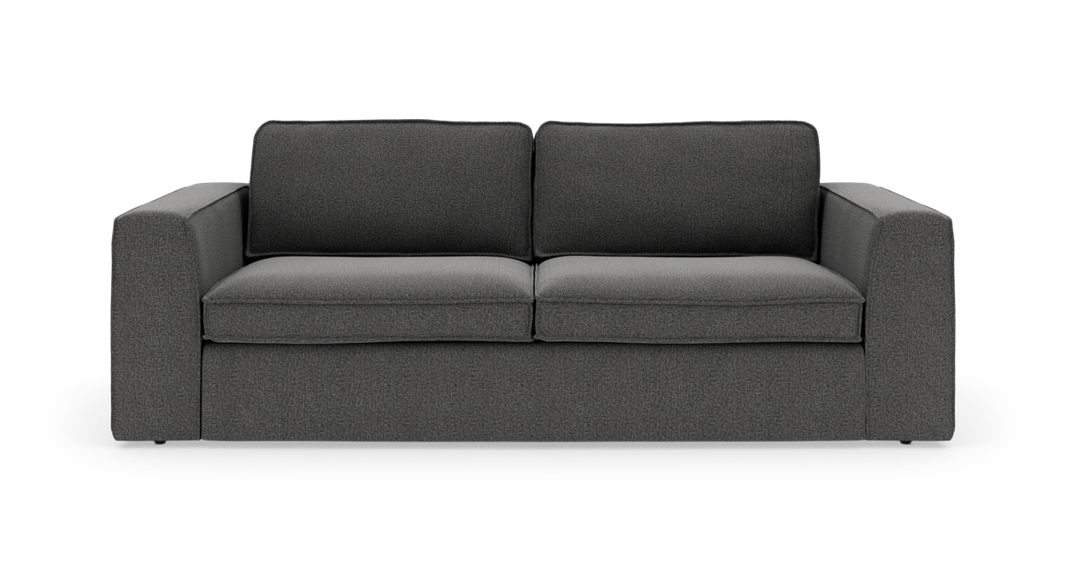 Mørkegrå 3-personers sofa med lige armlæn og to sæde- og ryghynder, frilagt på hvid baggrund.