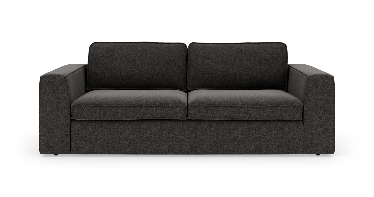 Mørkegrå 3-personers sofa med rene linjer, fritlagt på hvid baggrund i frontvisning.