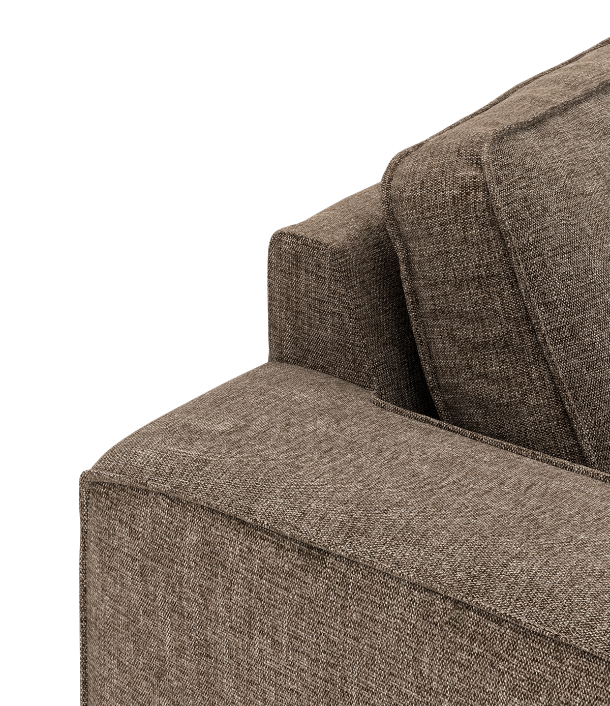 Nærbillede af brun stofsofa med armlæn og ryghynde mod sort baggrund.