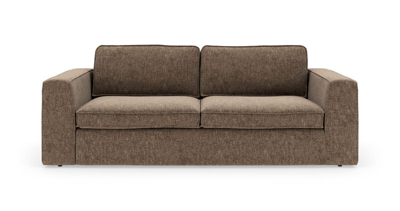 Brun 2-personers sofa med brede armlæn, frontvisning på hvid baggrund._ps
