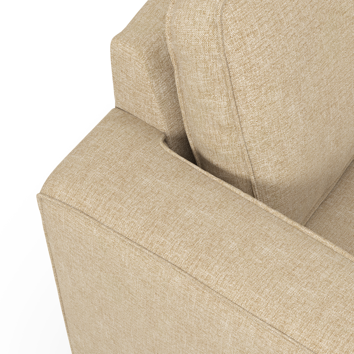 Nærbillede af beige stofsofa med armlæn og ryghynde.