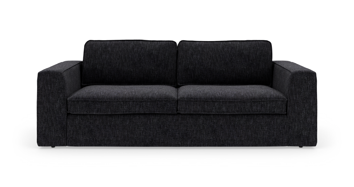 Mørkegrå 3-pers. sofa med lige armlæn, to sædehynder og to ryghynder.