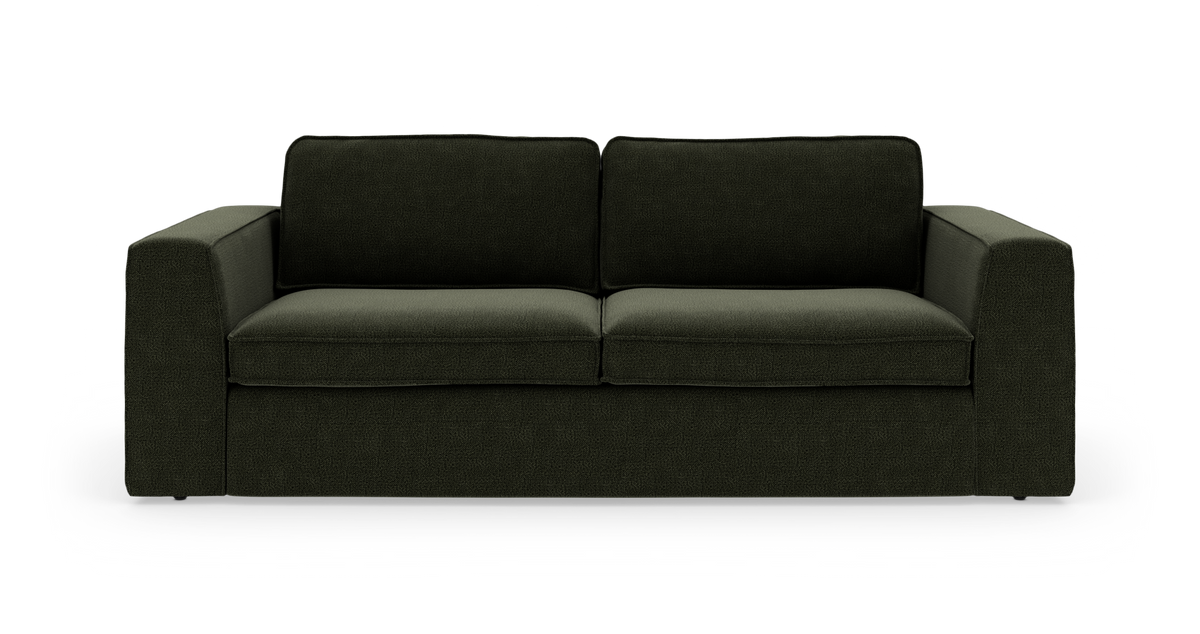 Mørkegrøn, moderne 3-personers sofa med lige armlæn, frilagt på hvid baggrund.