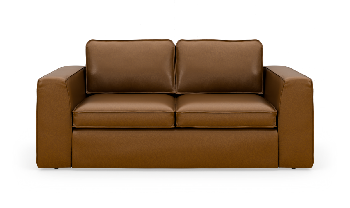 Brun lædersofa med to sædehynder og to ryghynder, frontvisning på hvid baggrund.
