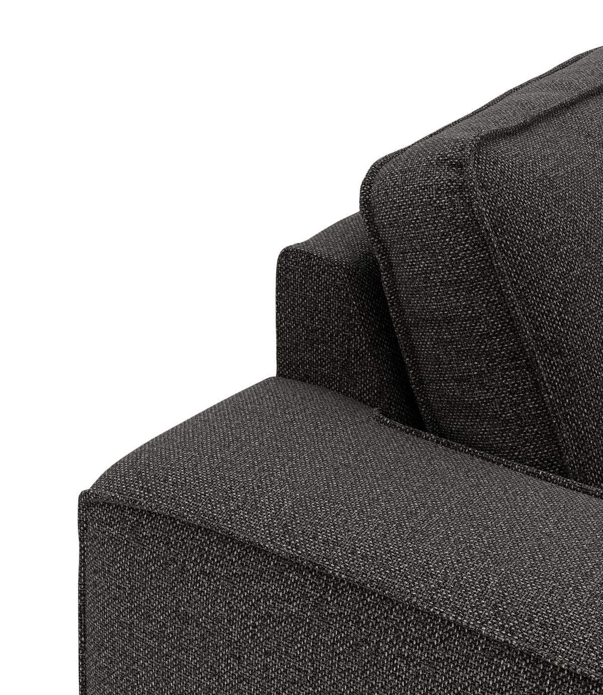 Nærbillede af mørkegrå stofsofa med armlæn og ryghynde.