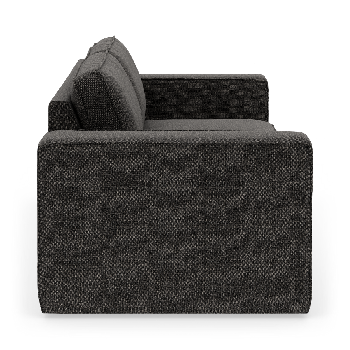 Mørkegrå stofsofa set fra siden, frilagt på hvid baggrund.