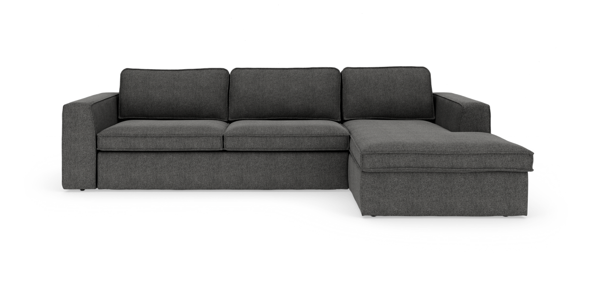 Mørkegrå hjørnesofa med chaiselong til højre, lige armlæn og tre ryghynder.