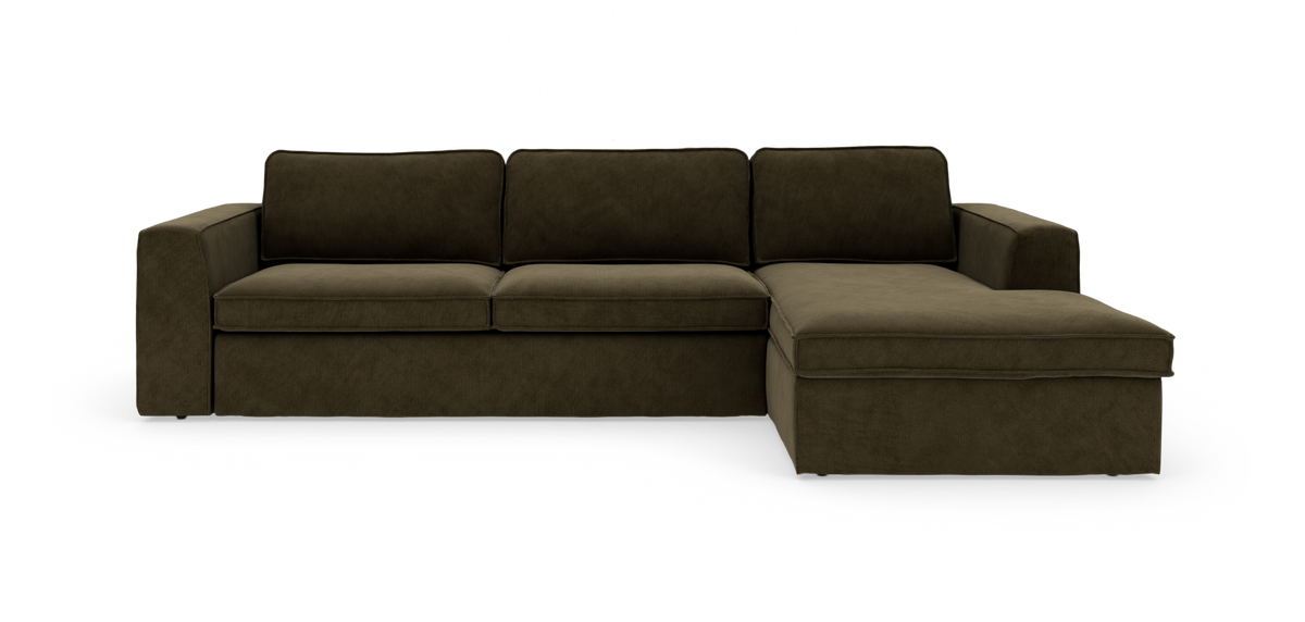Mørk olivenbrun modulsofa med chaiselong til højre, frilagt produktbillede.