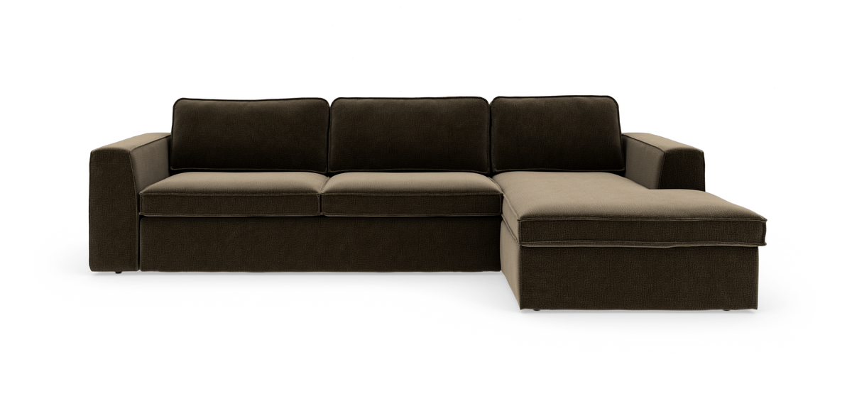 Modulsofa med højrevendt chaiselong i mørkebrun/beige tekstil, frilagt.