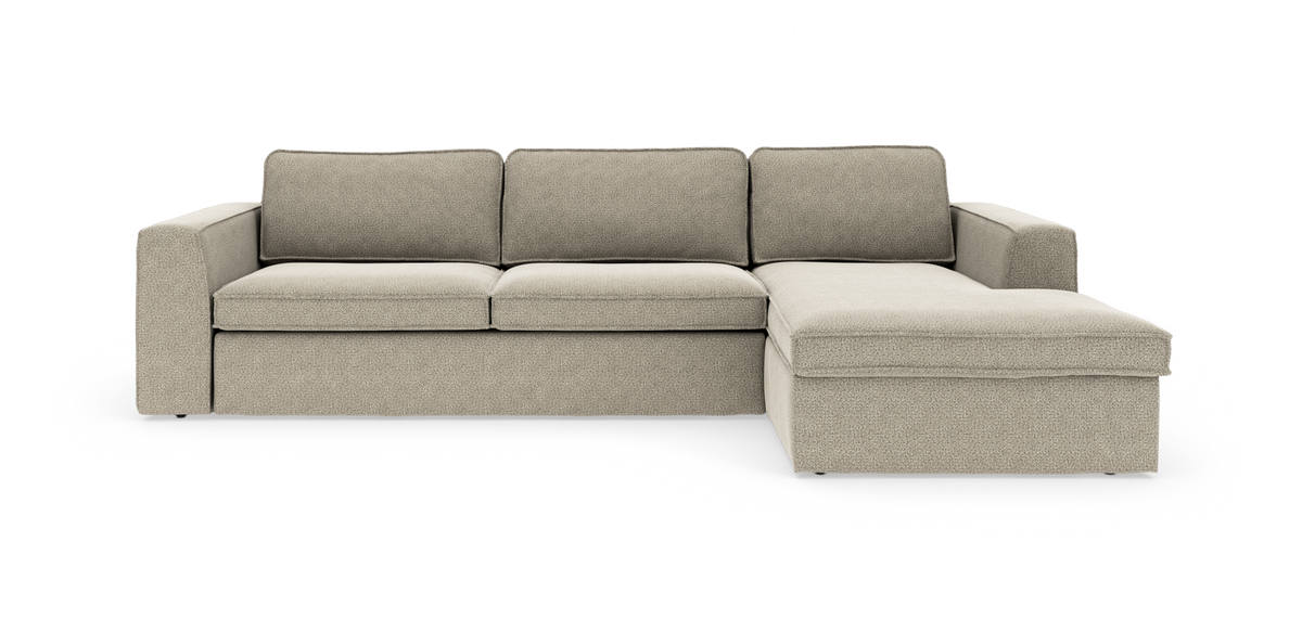 Beige modulsofa med højre chaiselong, frontvisning på hvid baggrund.