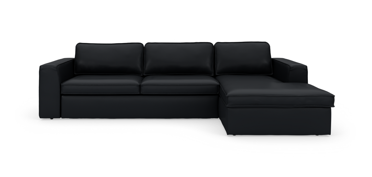 Sort hjørnesofa med chaiselong til højre i læder, frilagt på hvid baggrund.